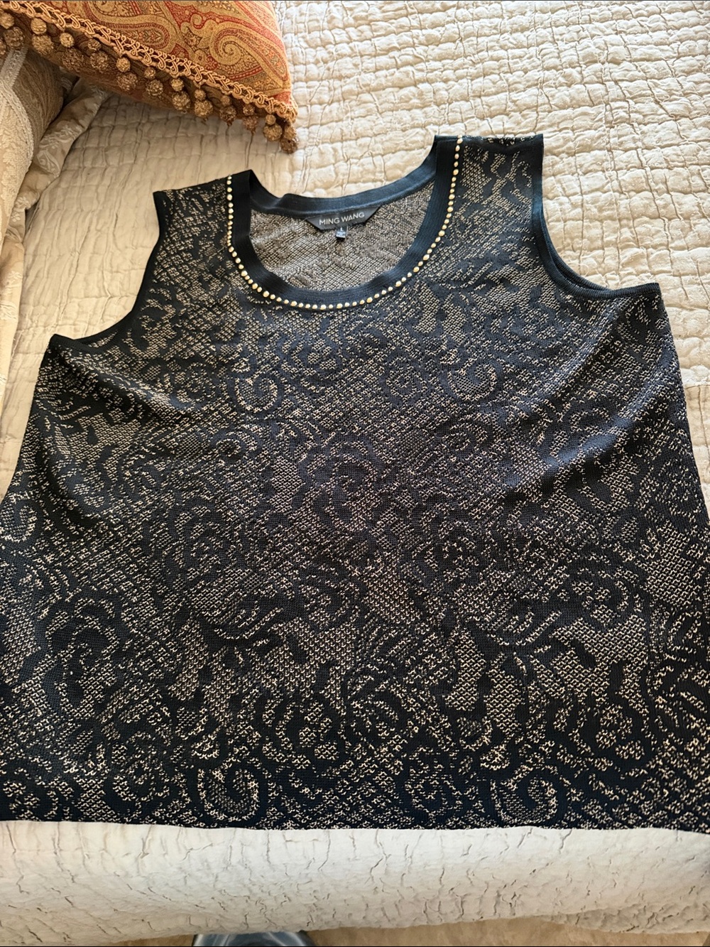 Ming Wang Black Sleeveless Tank with Gold Stud Trim